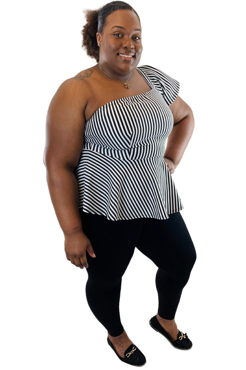 Pin Stripe Flare Top W/ Zip Up Back | PLUS SIZE