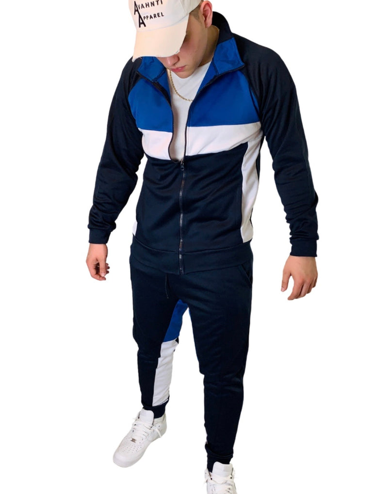 Navy Blue Color Block Tracksuit | Blue and White