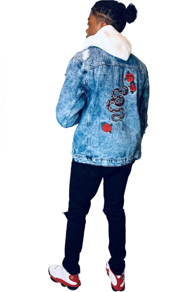 Denim Jacket | Embroidered Distressed Snake Back