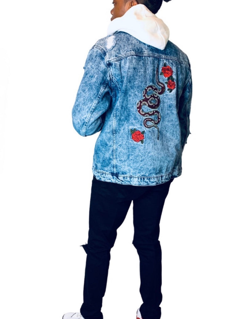 Denim Jacket | Embroidered Distressed Snake Back